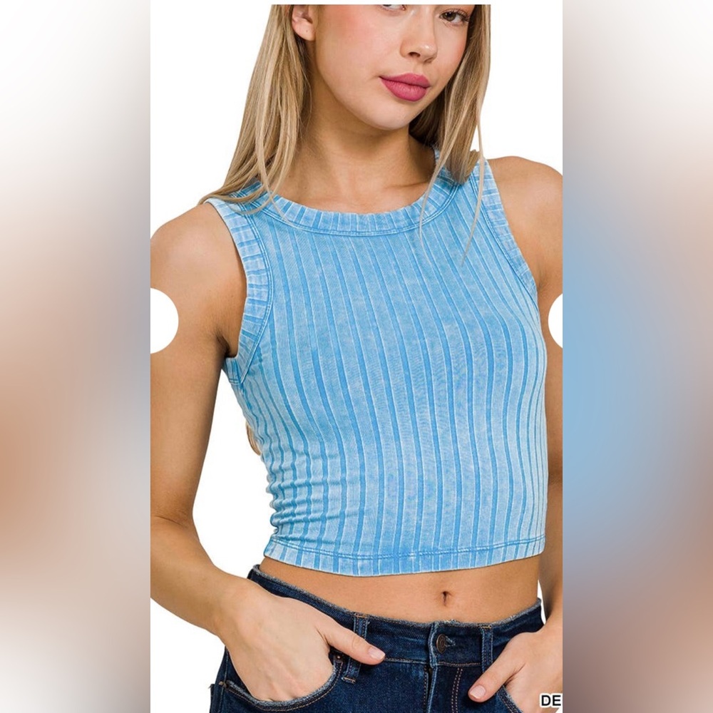 NEW Zenana Ribbed Boat Neck Cropped Sleeveless Top•Sky Blue